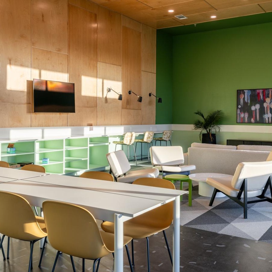a room with a table and chairs