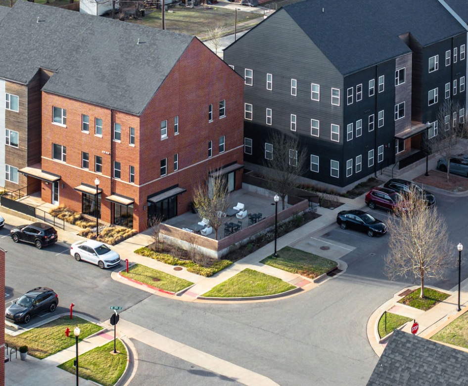 drone image of two buildings