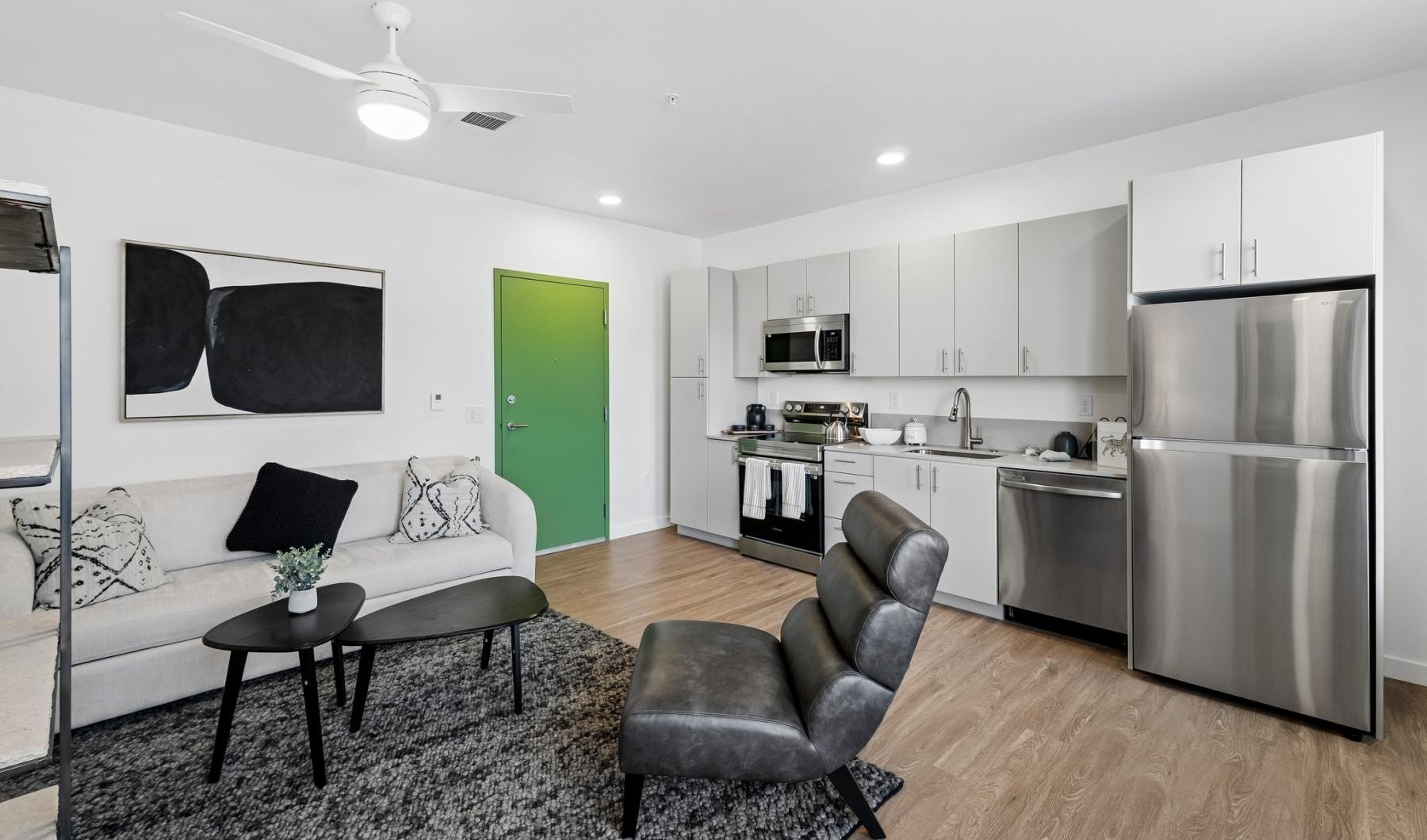a living room with a couch and a table